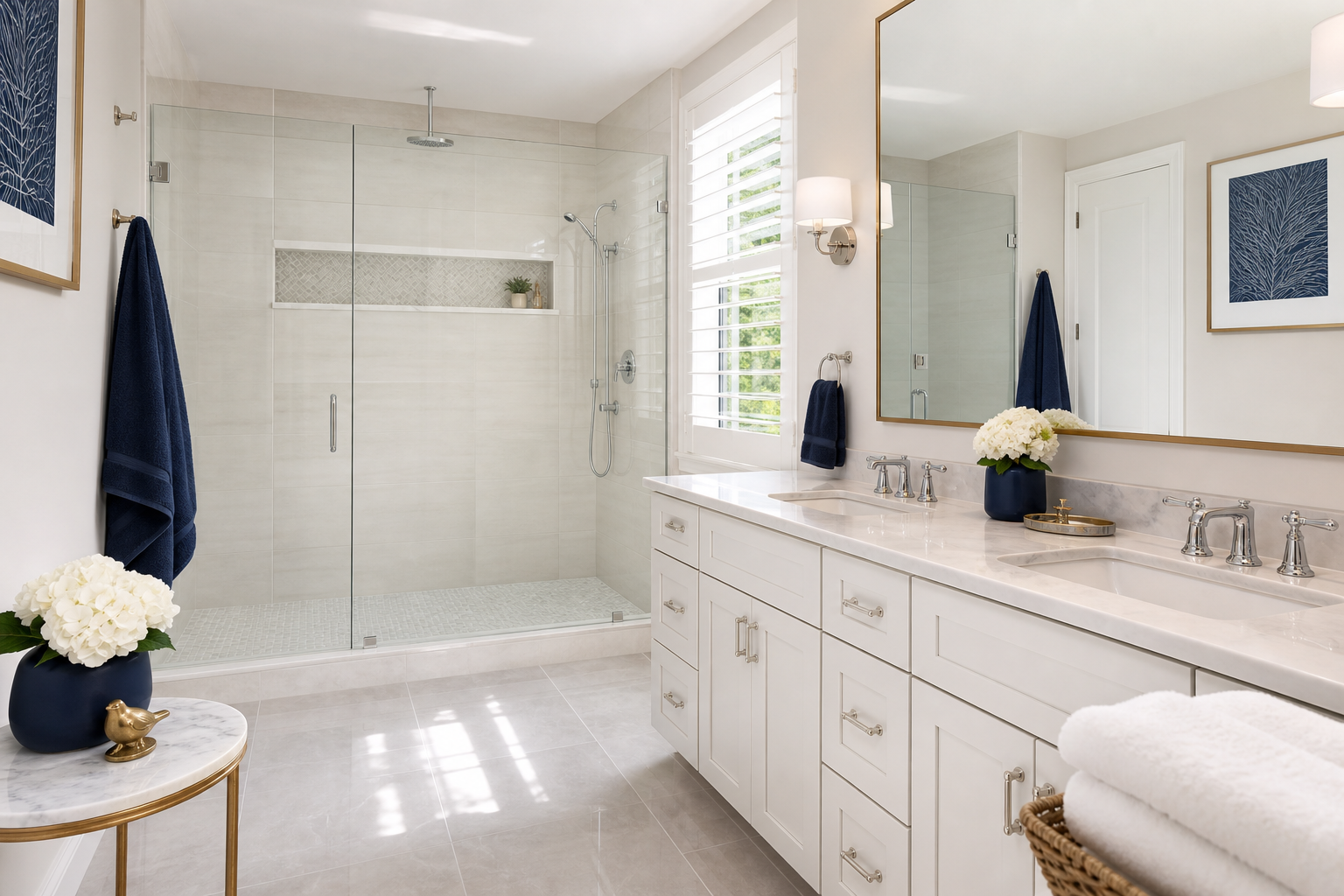 Bright residential bathroom with spotless glass, tile, and vanity surfaces