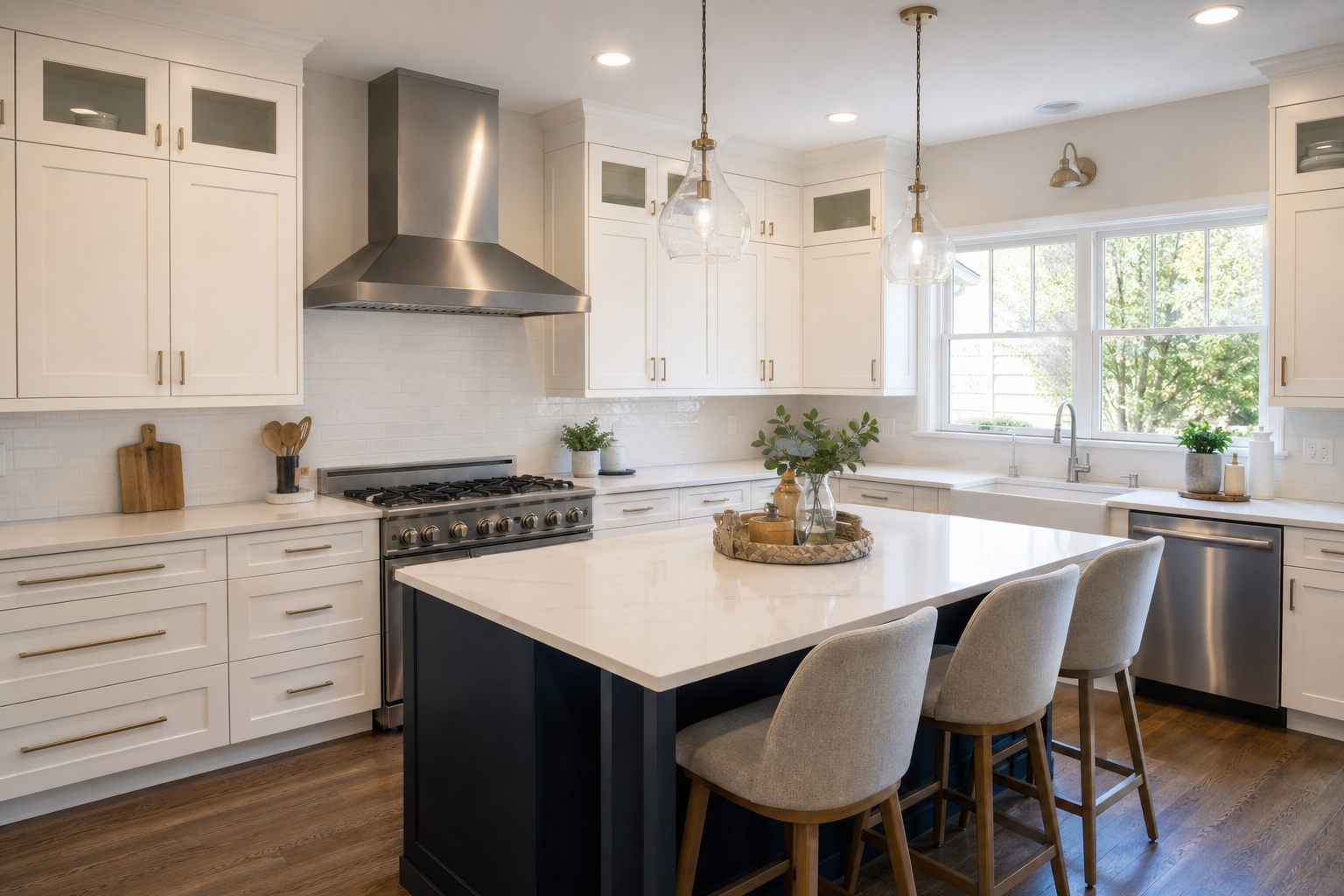 Clean residential kitchen with bright cabinetry and polished surfaces